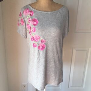 Light Grey w/shades of Pink flowers embroidered - right shoulder, front & sleeve